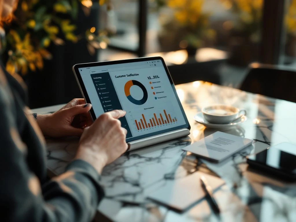 Vrouw gebruikt tablet met klanttevredenheid dashboard op marmeren bureau met koffie en visitekaartjes