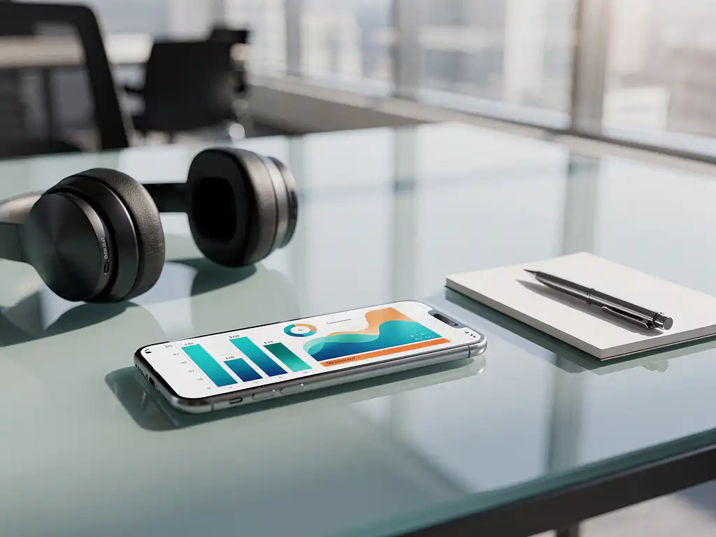 Smartphone met kleurrijke staafdiagrammen en analytics grafieken op glazen bureau naast professionele headset en notitieblok
