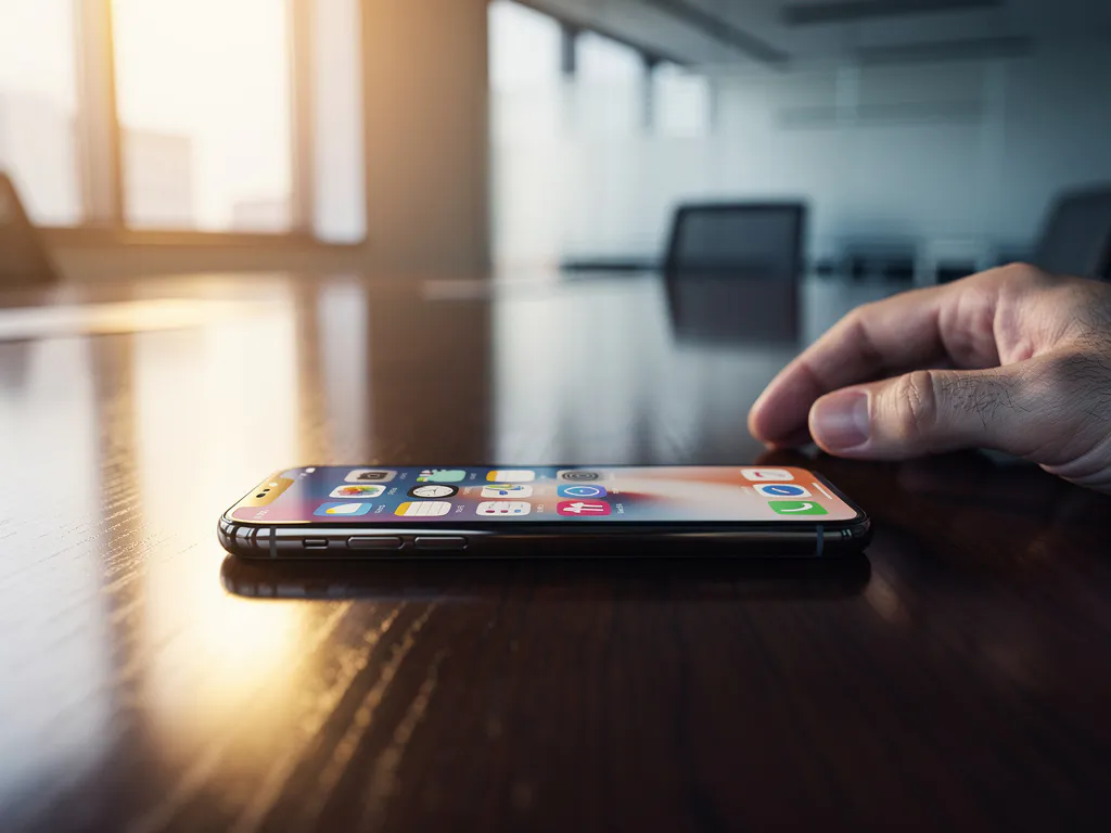 Moderne smartphone met kleurrijke messaging app iconen op donkere houten vergadertafel in helder kantoor