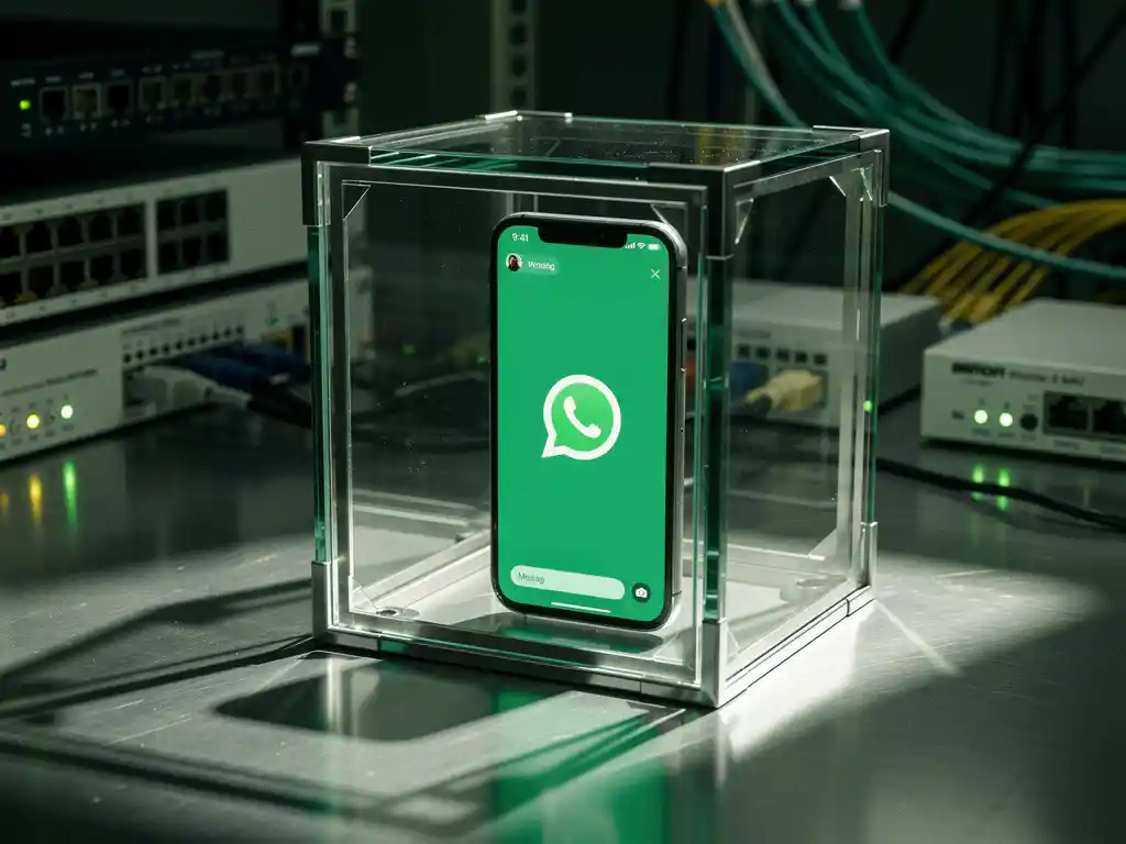 Smartphone met WhatsApp interface vergrendeld in glazen beveiligingskluis op stalen bureau omringd door glasvezelkabels
