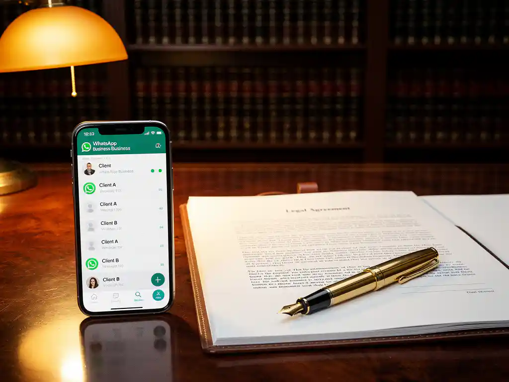 Smartphone met WhatsApp Business app op mahonie bureau naast juridisch document en gouden vulpen in advocatenkantoor
