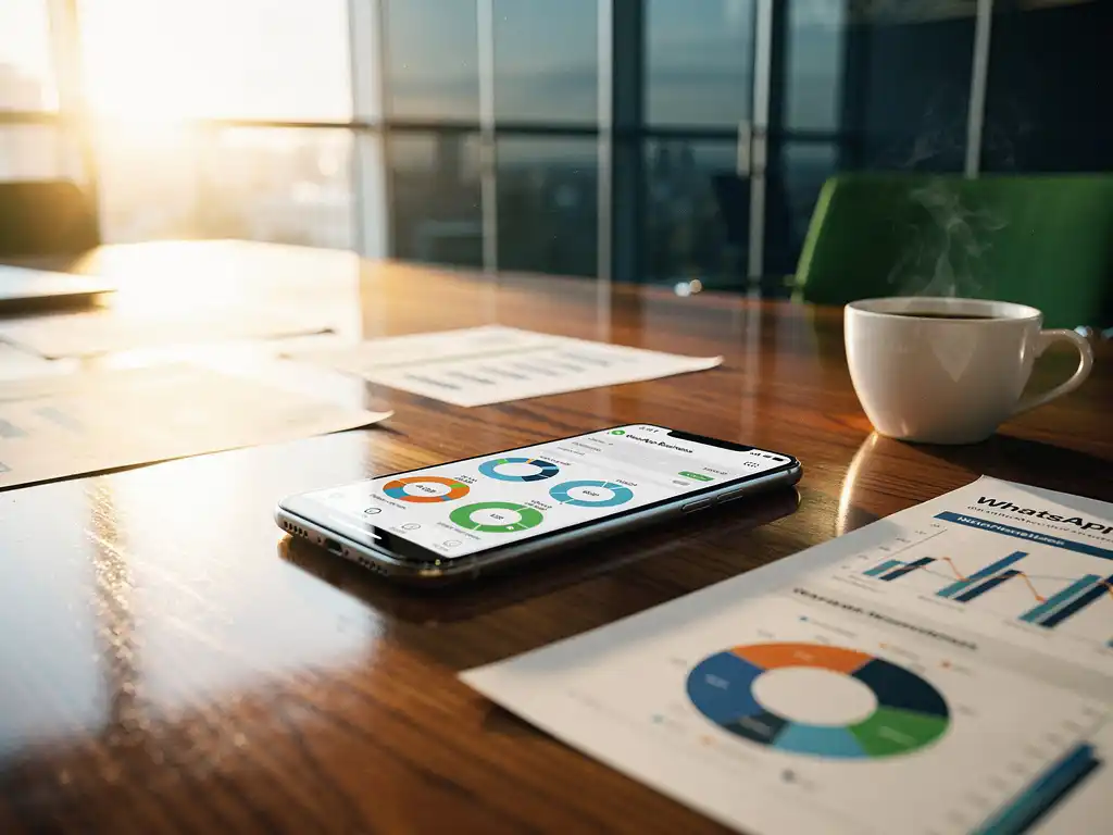 Smartphone met WhatsApp Business analytics dashboard op houten vergadertafel met grafieken en koffiekop in kantooromgeving