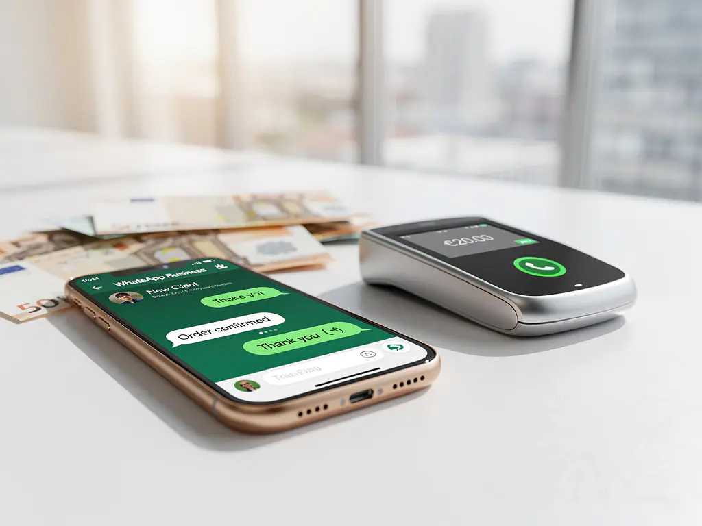 Smartphone met WhatsApp Business app op modern bureau naast eurobiljetten en contactloze betaalterminal