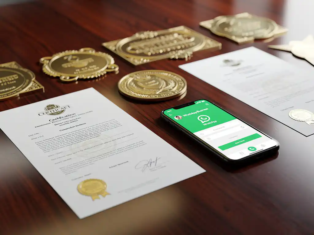 Certificeringsdocumenten en gouden badges op donkere houten vergadertafel met smartphone met WhatsApp Business interface