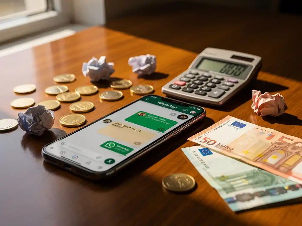 Smartphone met WhatsApp Business-interface op houten bureau naast eurobiljetten, munten en rekenmachine in kantooromgeving