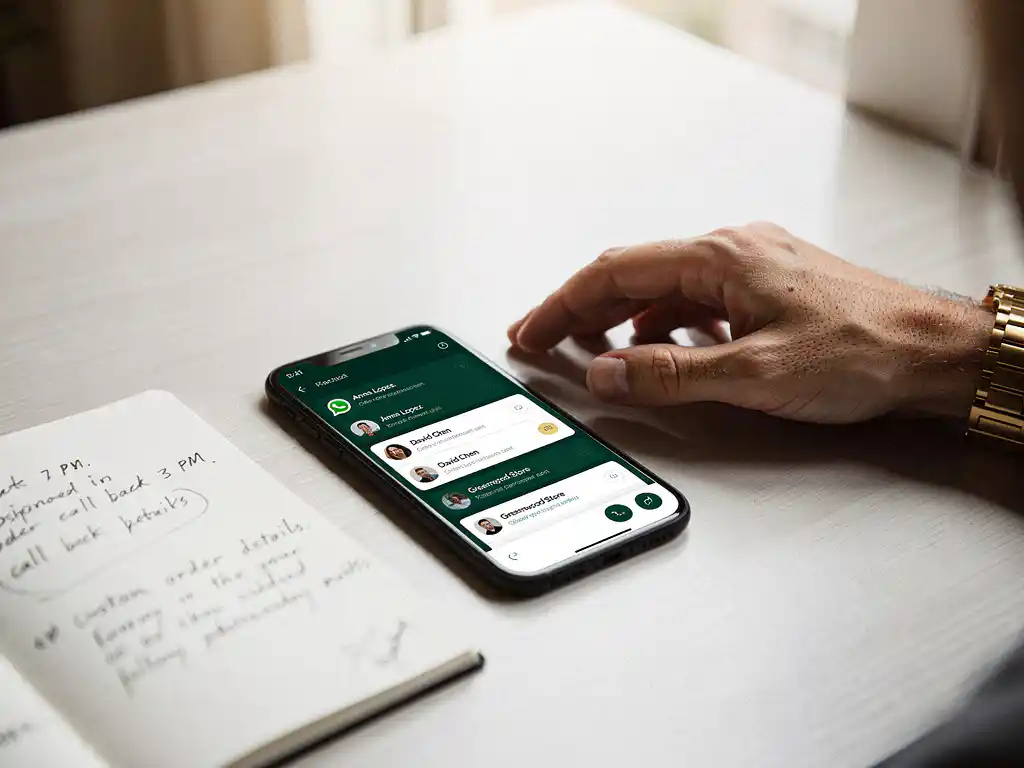 Smartphone met WhatsApp Business interface toont gepersonaliseerde klantgesprekken naast notitieblok op modern bureau