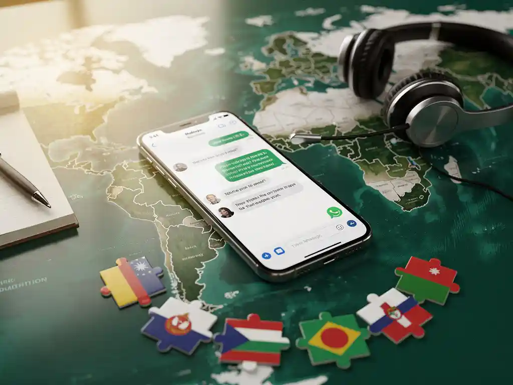 Smartphone met WhatsApp Business interface op wereldkaart met landenvlaggen, headset en notitieblok voor klantenservice