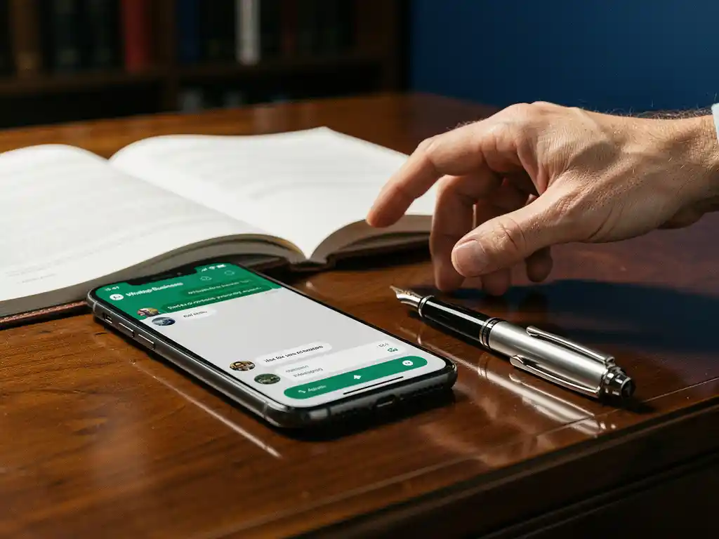 Smartphone met WhatsApp Business interface op mahonie bureau naast juridisch document en vulpen in kantooromgeving