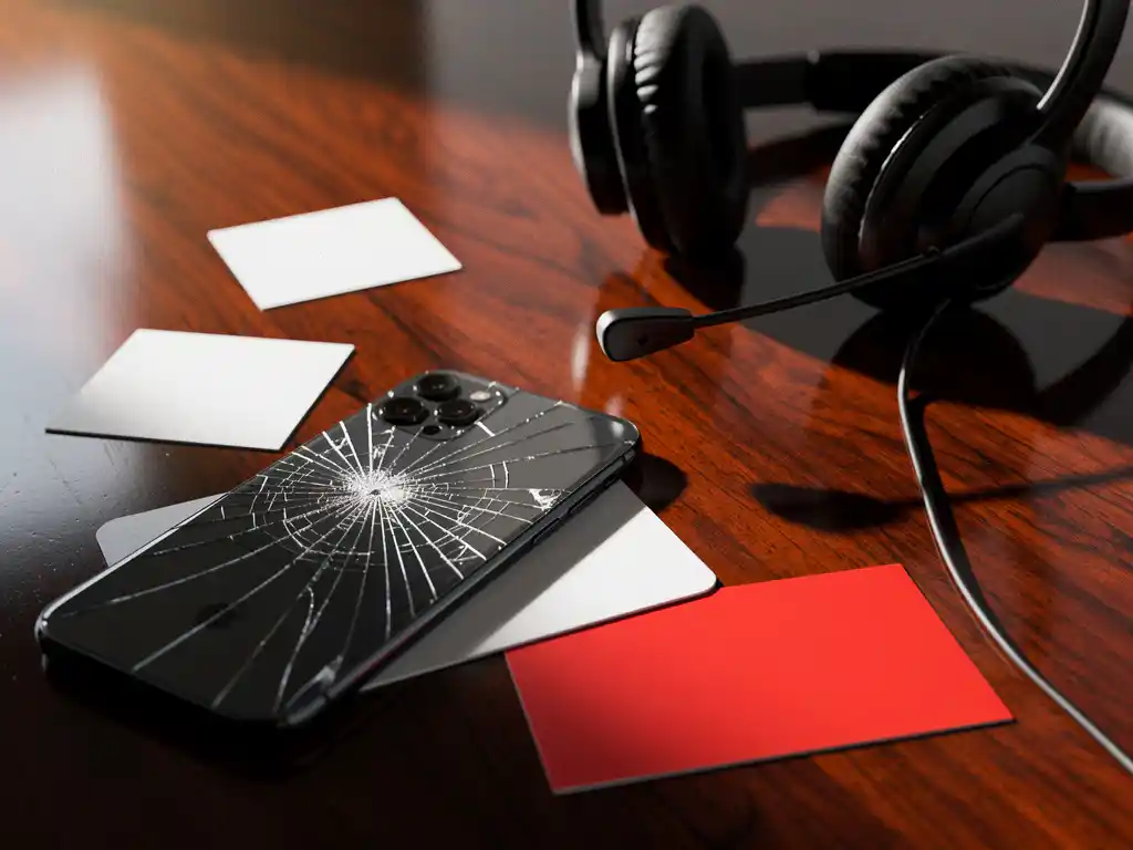 Kapotte smartphone met WhatsApp Business op mahonie bureau, waarschuwingsbrief en visitekaartjes eronder, headset nabij