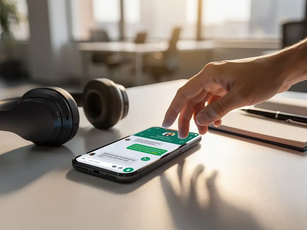 Smartphone met WhatsApp Business interface op modern bureau met headset en notitieblok, hand reikt naar toestel
