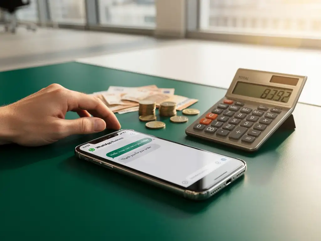Smartphone met WhatsApp Business app op bureau naast eurobiljetten, munten en rekenmachine met prijscijfers