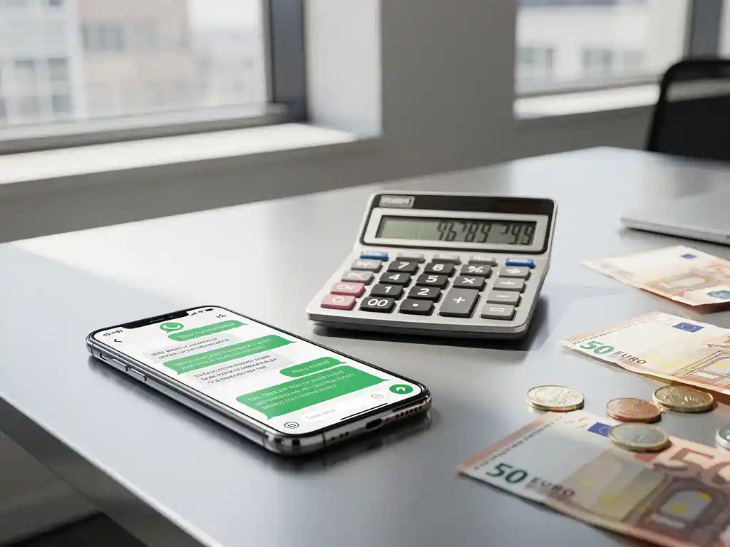 Smartphone met WhatsApp Business interface op bureau naast calculator met maandkosten en euro briefgeld in professionele kantooromgeving