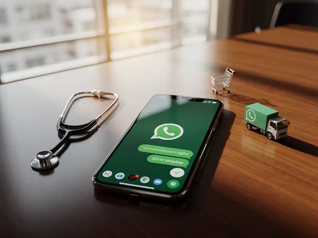 Smartphone met WhatsApp-interface op conferentietafel omringd door miniatuur stethoscoop, winkelwagentje en vrachtwagen