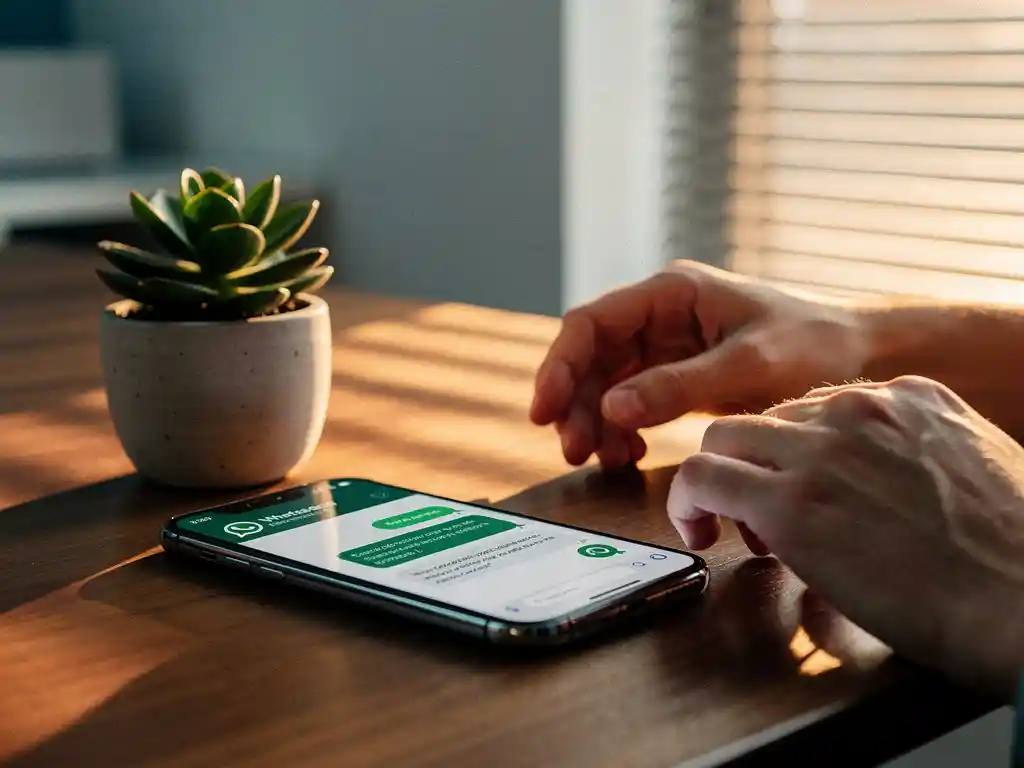 Smartphone met WhatsApp Business interface op houten bureau naast vetplant in professioneel kantoor met natuurlijk licht