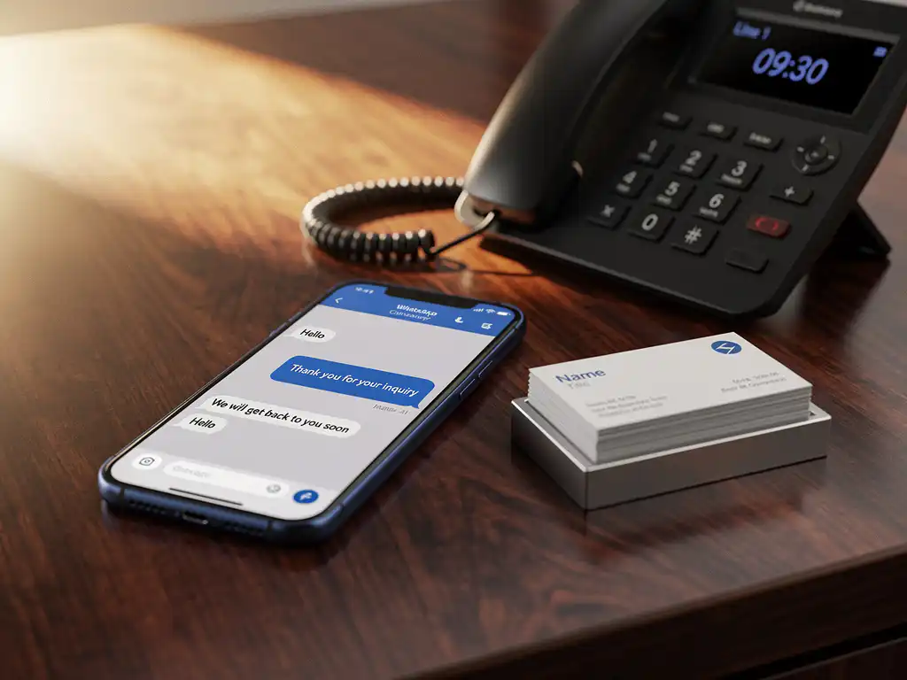 Smartphone met WhatsApp Business app op mahoniehout bureau naast vaste telefoon en visitekaartjes in modern kantoor