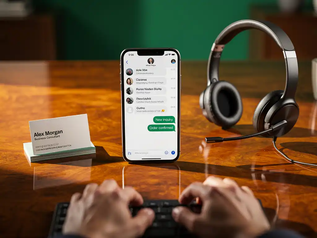 Smartphone met WhatsApp Business interface op mahonie bureau naast visitekaartjes en headset in professionele kantooromgeving