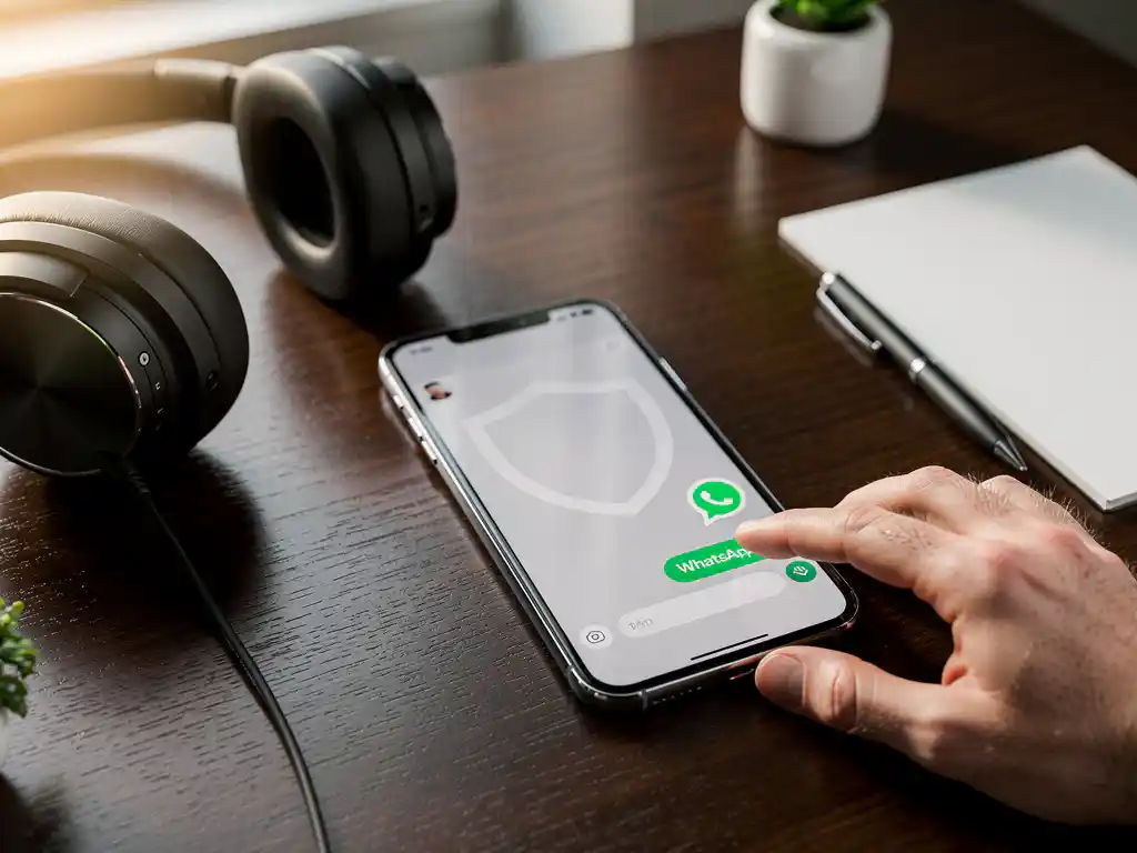 Smartphone met WhatsApp Business interface op donkere houten bureau met koptelefoon en kantoorbenodigdheden in professionele werkruimte