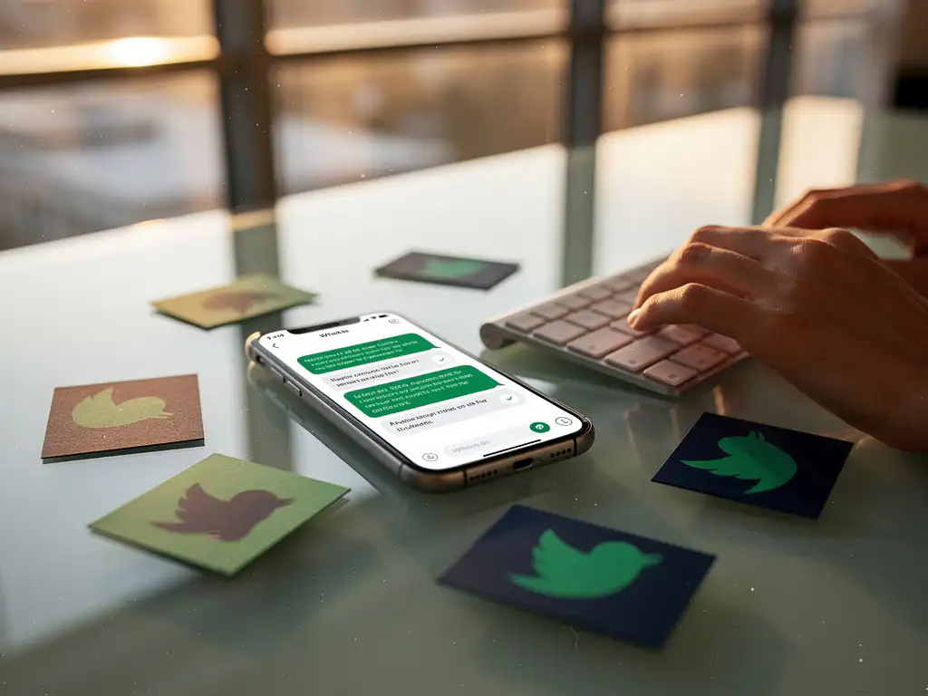 Smartphone met WhatsApp Business interface op glazen bureau naast visitekaartjes met social media iconen in gouden kantoorlicht