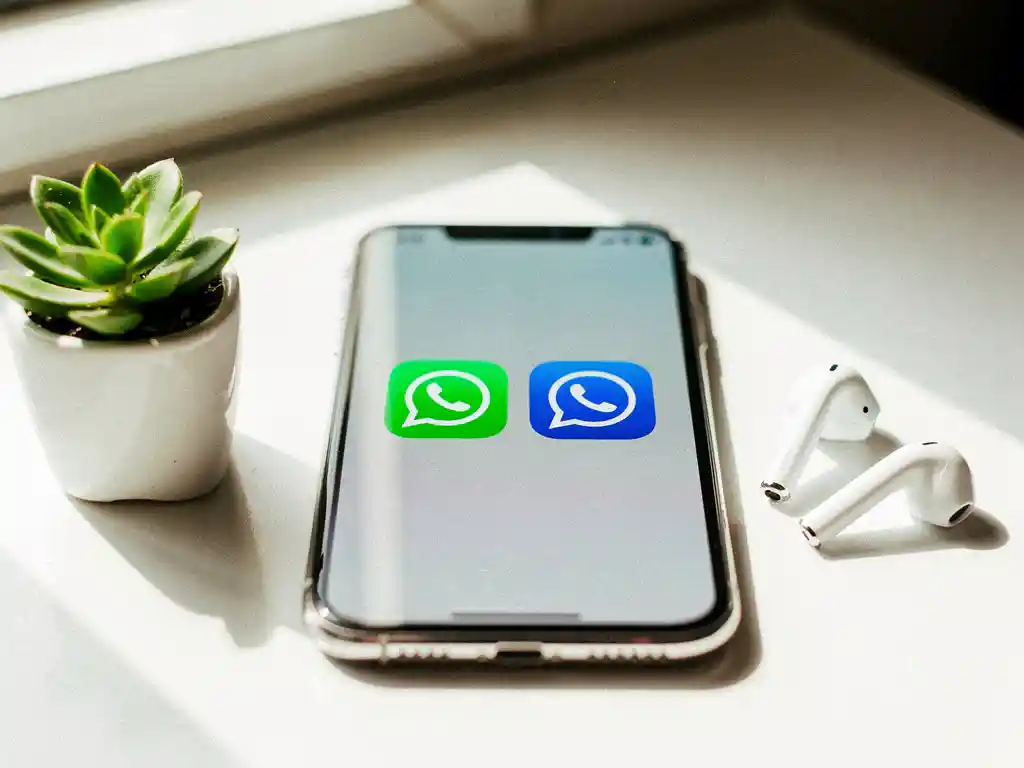 Smartphone met WhatsApp en WhatsApp Business app-iconen op het startscherm, naast succulent en oordopjes op wit bureau