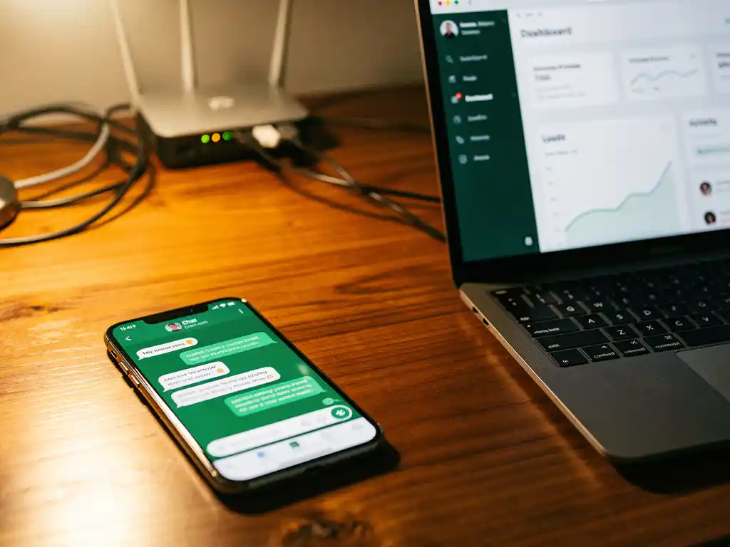 Smartphone met WhatsApp-interface naast laptop met CRM-dashboard op houten bureau met router en kabels