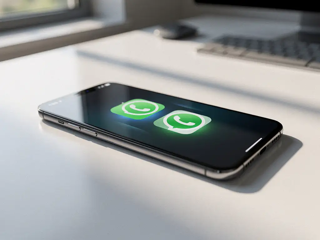 Smartphone met twee WhatsApp-iconen op het startscherm, liggend op wit bureau in modern kantoor met natuurlijk licht