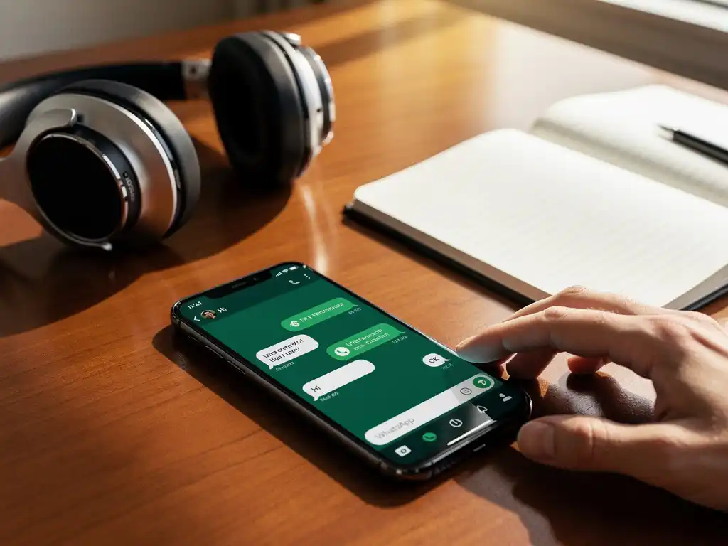 Smartphone met WhatsApp-gesprek op houten bureau naast headset en notitieblok in natuurlijk licht