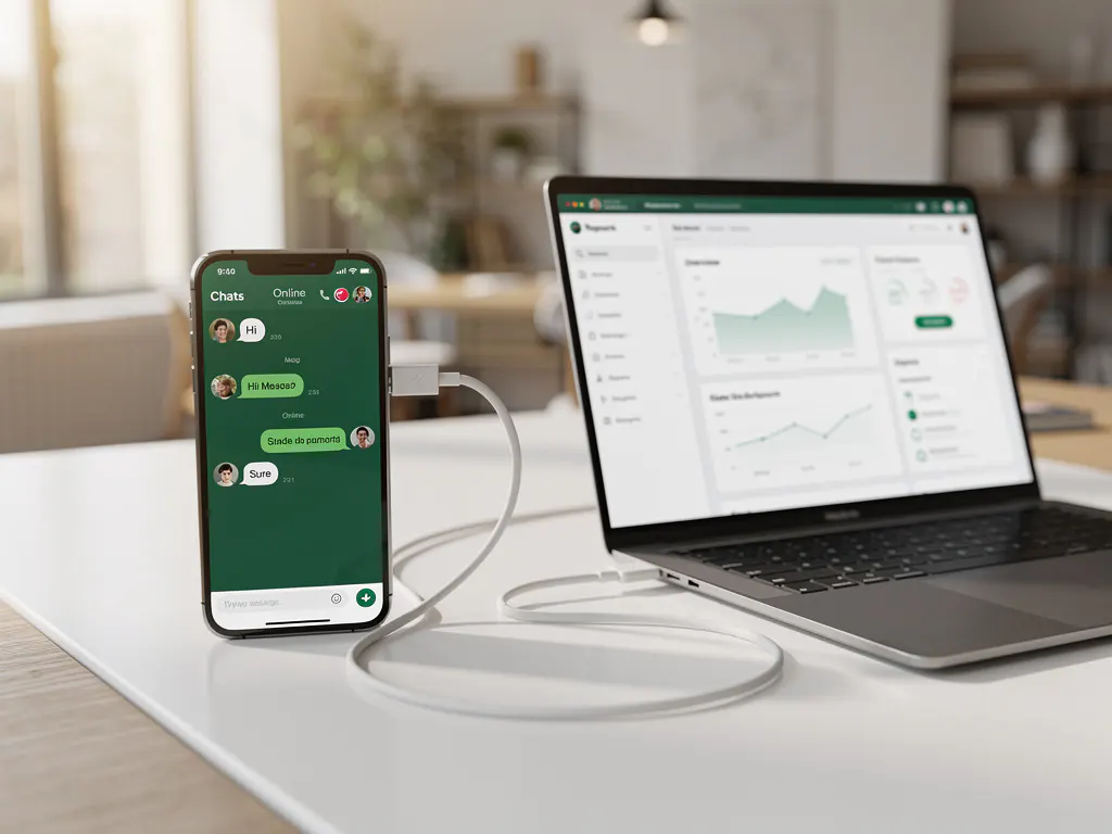 Smartphone met WhatsApp-interface verbonden met laptop op wit bureau in modern kantoor
