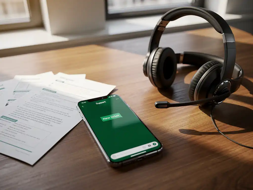 Smartphone met WhatsApp-interface op bureau naast headset en technische documentatie in modern kantoor