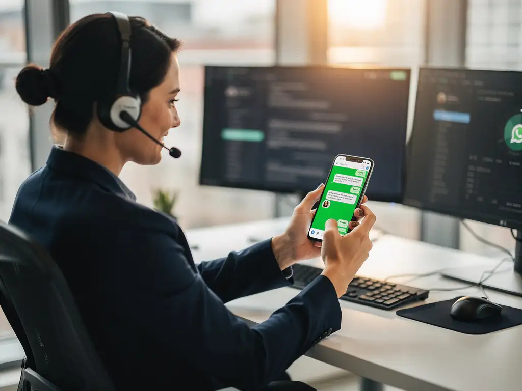 Klantenservice medewerker met smartphone toont WhatsApp chatberichten aan bureau met headset en monitors