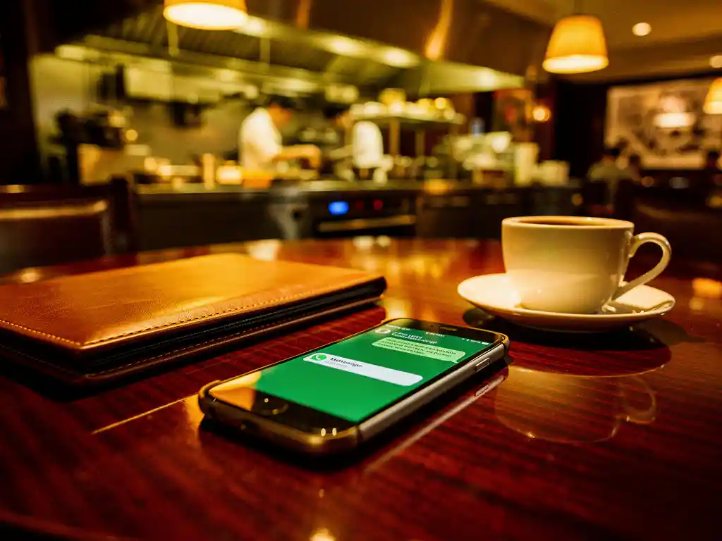 Smartphone met WhatsApp-interface op mahonie restauranttafel naast leren menu en witte koffiekop