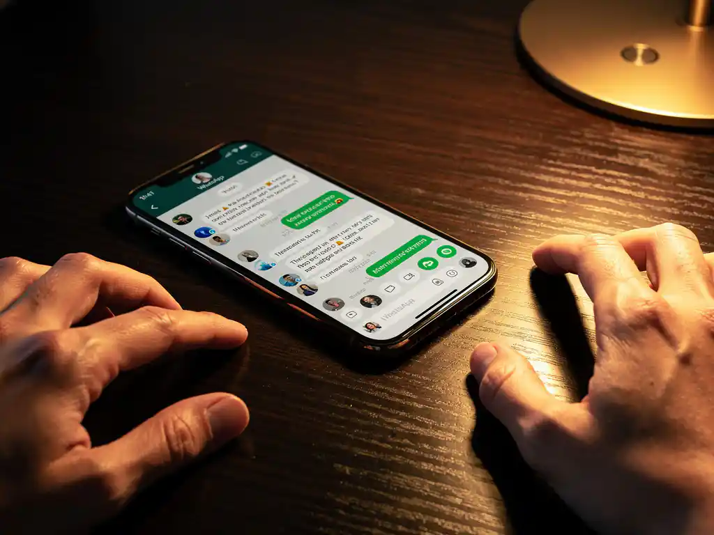 Smartphone op donkere houten bureau toont WhatsApp gesprekken met familiefoto's en zakelijke berichten onder gouden bureaulamp