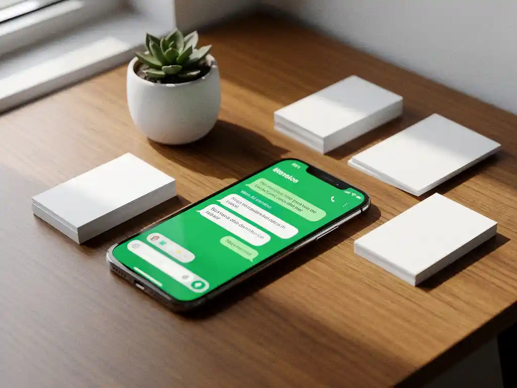 Smartphone met WhatsApp interface op modern bureau naast visitekaartjes en vetplant in professionele werkruimte