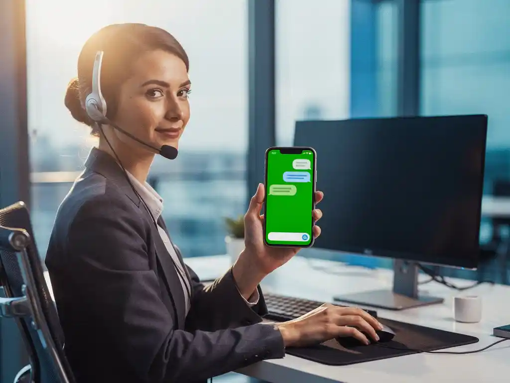 Zakenvrouw toont WhatsApp-interface op smartphone aan modern kantoorbureau met headset en computerapparatuur