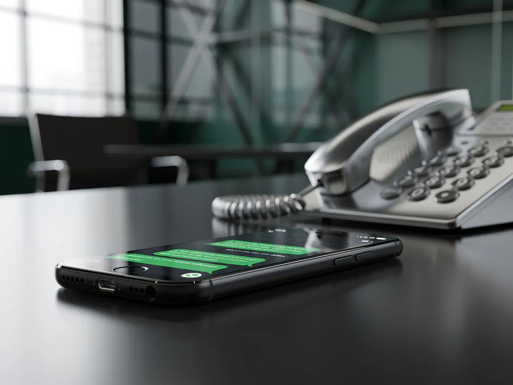 Zwarte smartphone met WhatsApp-interface naast zilveren vaste telefoon op glanzend kantoorbureau in moderne werkruimte