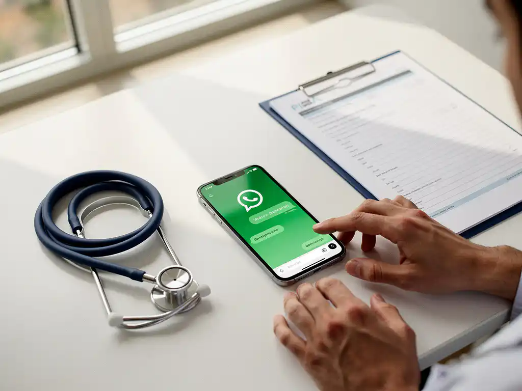 Smartphone met WhatsApp-interface op medisch bureau naast stethoscoop en patiëntendossier in ziekenhuisomgeving