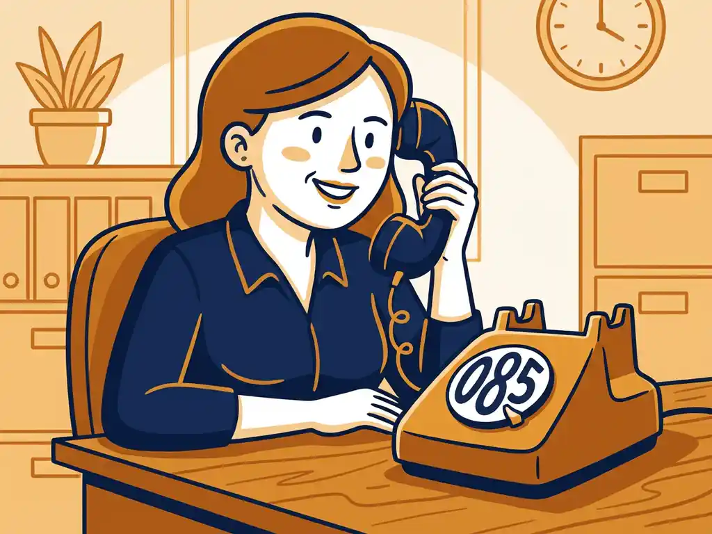 Klantenservicemedewerker met telefoonhoorn naast een vintage kantoortelefoon met 085-nummer, in professionele kantooromgeving.