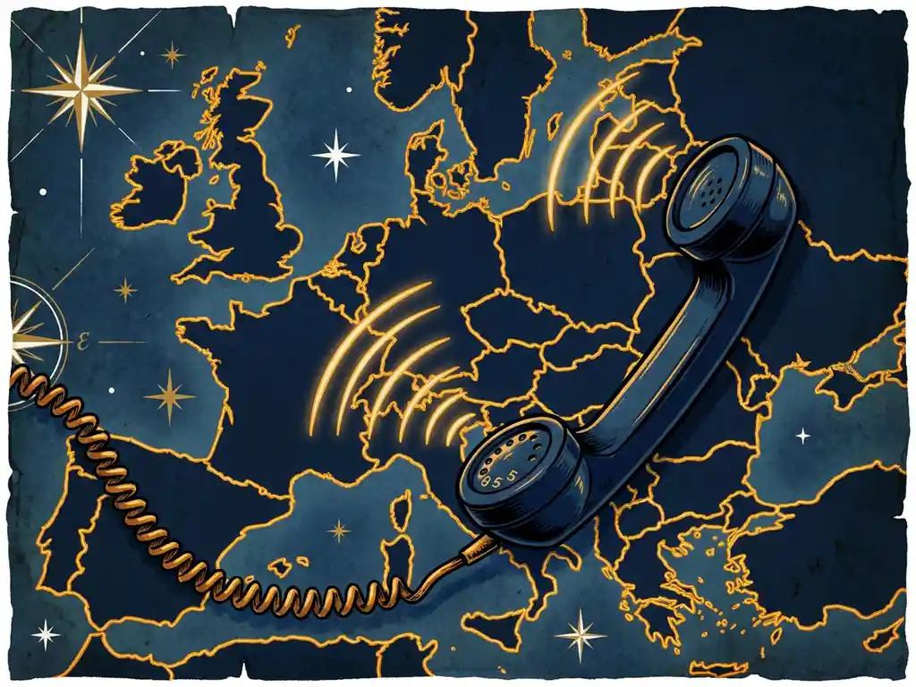 Vintage telefoonhoorn met spiraalnoer op geïllustreerde Europakaart, Nederlands 085-nummer op roterende wijzerplaat, signaalcirkels naar buurlanden.