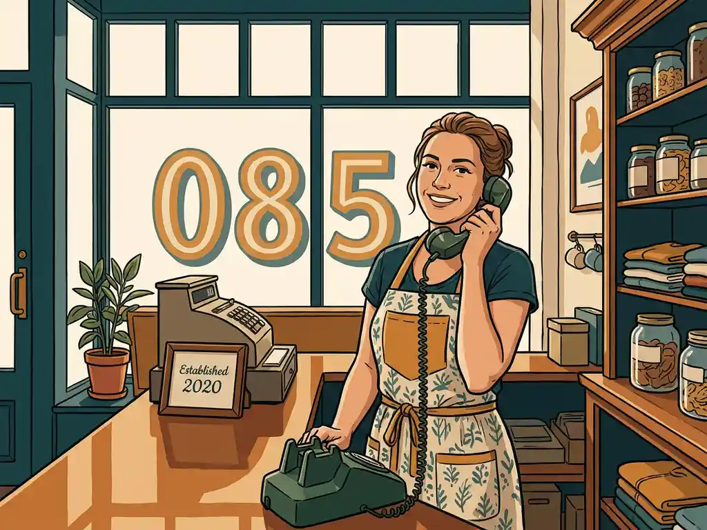 Zelfverzekerde ondernemer met telefoonhoorn in winkel, groot 085-nummer zichtbaar op etalageruit, warm interieur in teal, amber en crème.