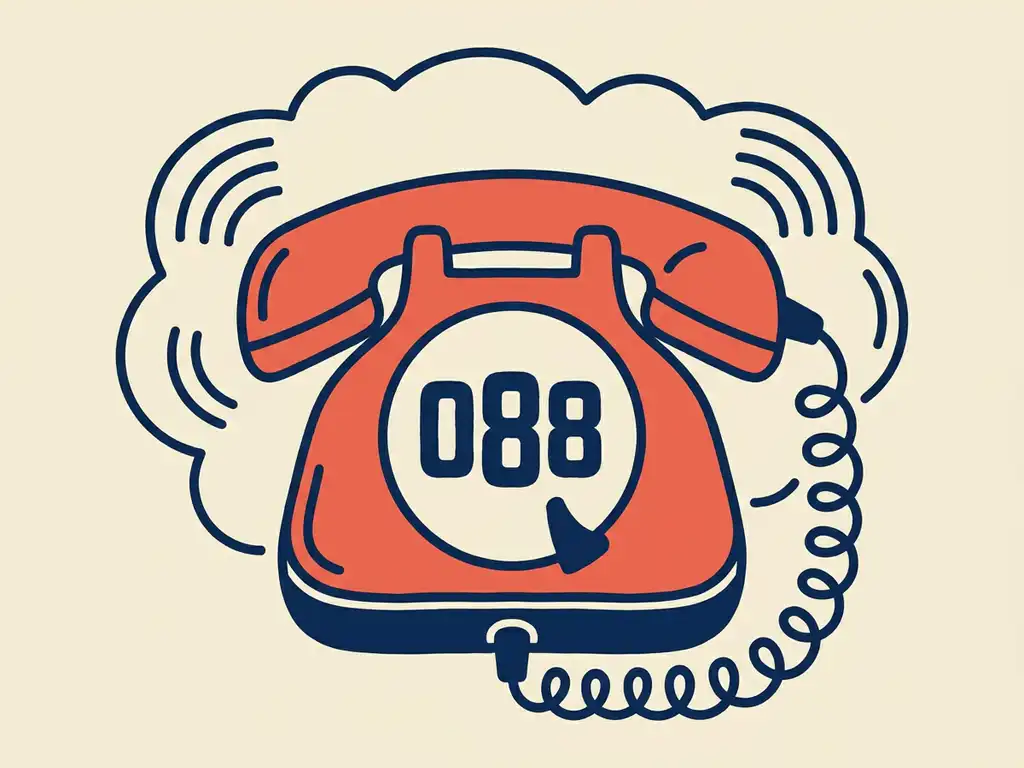 Retro geïllustreerde telefoonhoorn in koraalrood met het nummer 088 op een ronde kiesschijf, omringd door gebogen geluidslijnen.
