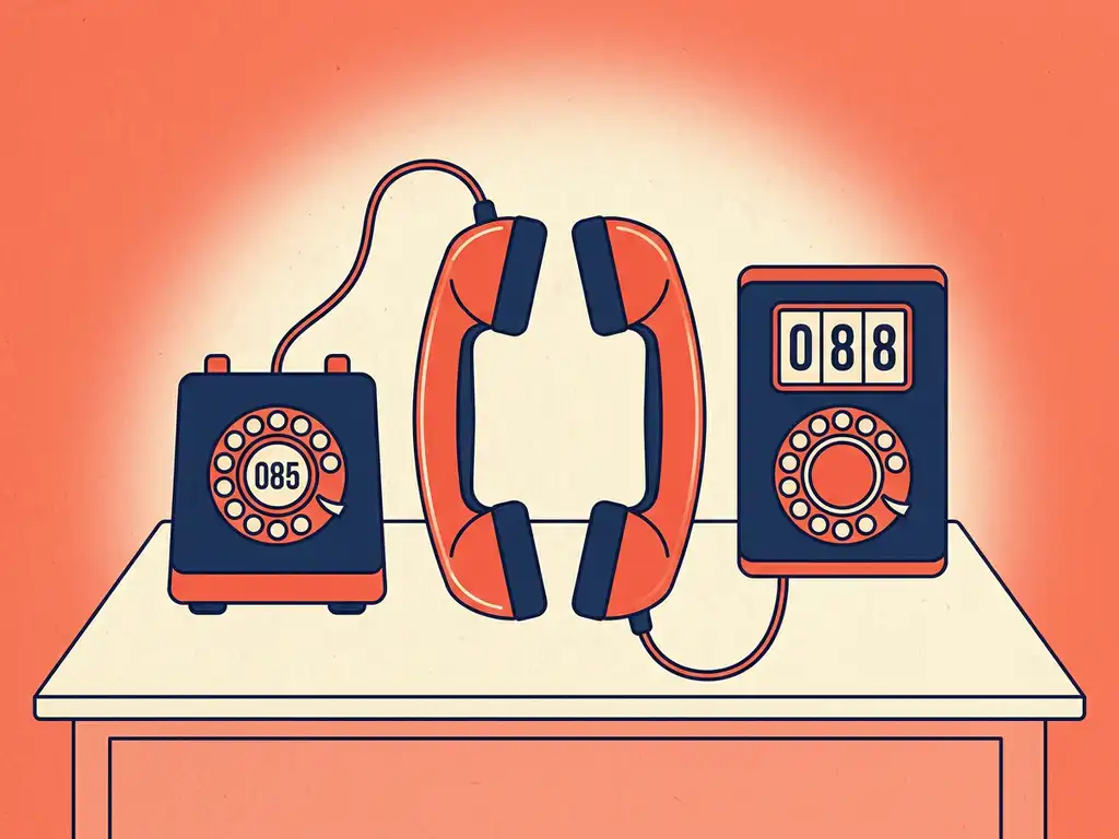 Vintage telefoonhoorn verdeeld tussen twee kiesschijven met nummers 085 en 088, vlakke illustratie in koraal en marineblauw.
