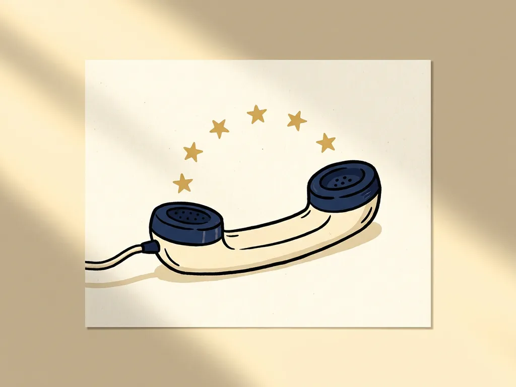 Klassieke telefoonhoorn op een oppervlak met vijf gouden sterren in een boog, illustratie in crème en marineblauw met platte stijl.