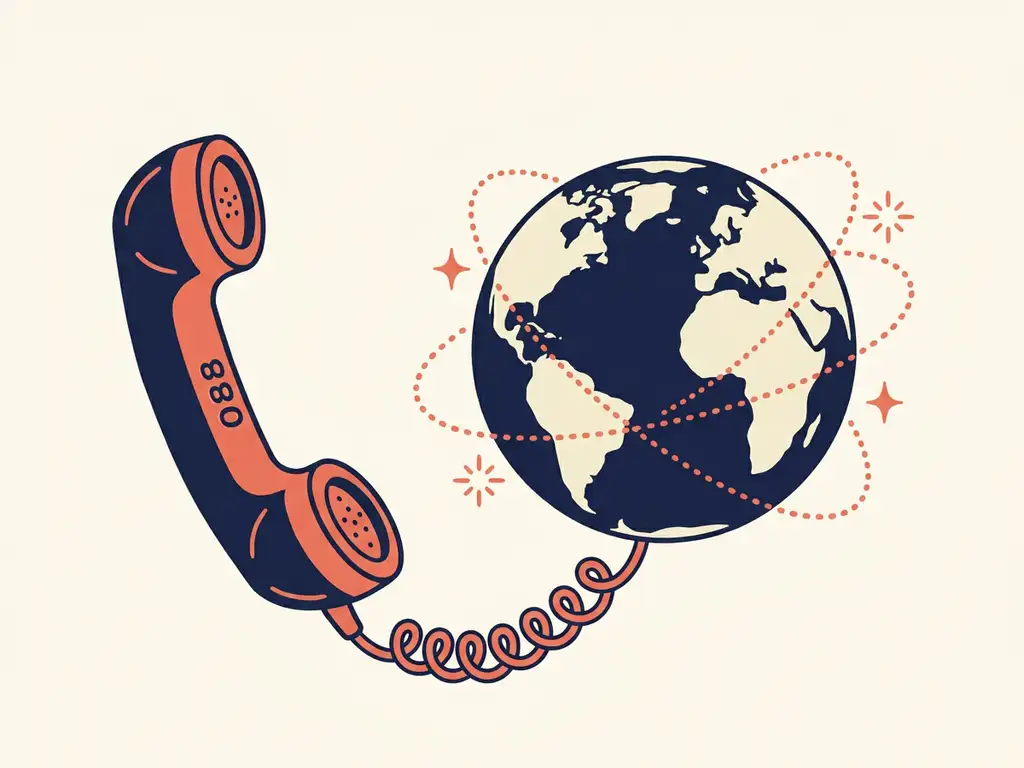 Vintage telefoonhoorn met cijfers 088 verbonden via krulsnoer aan een gestileerde wereldbol met internationale belroutes.