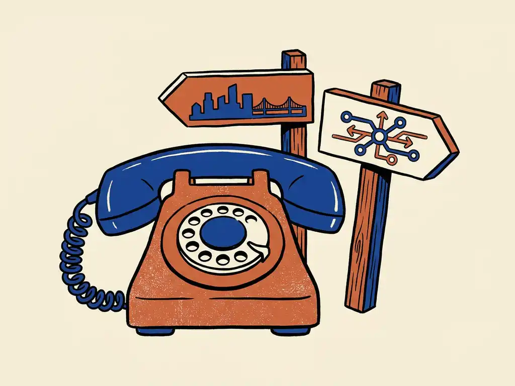 Vintage telefoonhoorn naast twee wegwijzers die lokale en nationale netwerken symboliseren, in kobaltblauw en terracotta illustratiestijl.