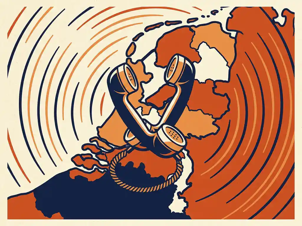 Vintage telefoonhoorn met krulsnoer op gestileerde kaart van Nederland, met signaalgolven over de provincies in marineblauw en oranje.