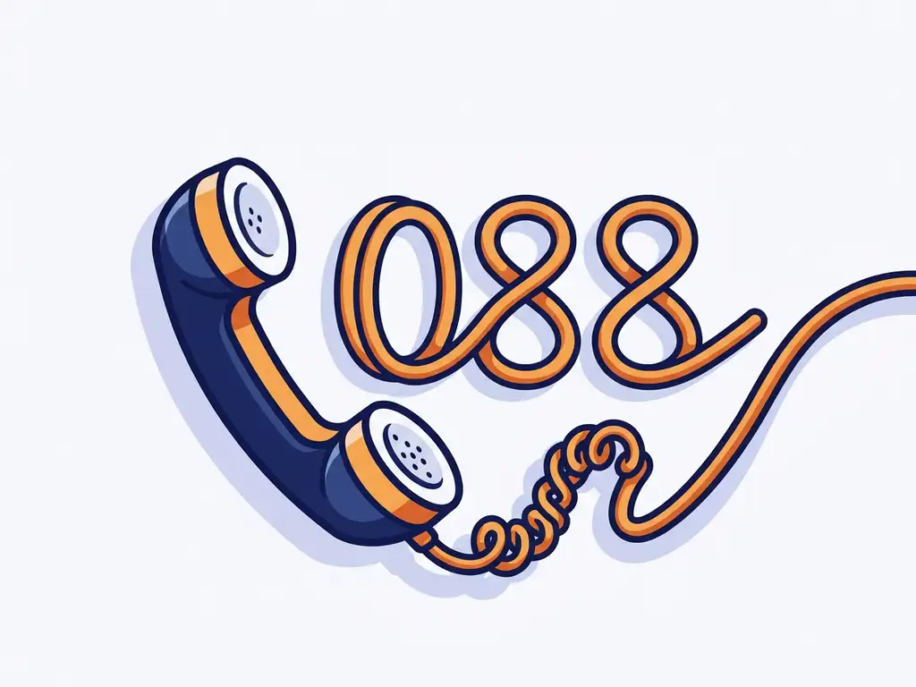 Klassieke telefoonhoorn waarvan het snoer de cijfers 088 vormt, illustratie in marineblauw, oranje en wit.