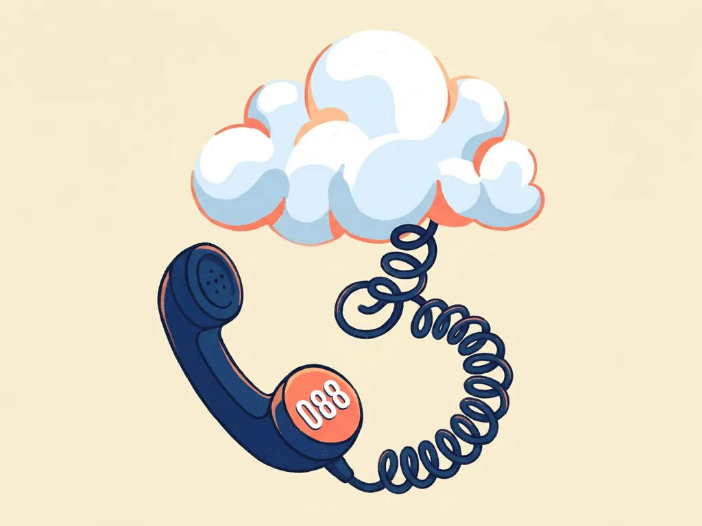 Retro telefoonhoorn met 088-kiesschijf verbonden via krullend snoer met een wolk, illustratie in marineblauw en koraal.