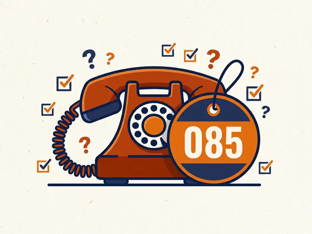 Vintage telefoonhoorn met krulsnoer naast nummerkaartje 085, omringd door checklist- en vraagtekenicoontjes in oranje, marineblauw en gebroken wit.
