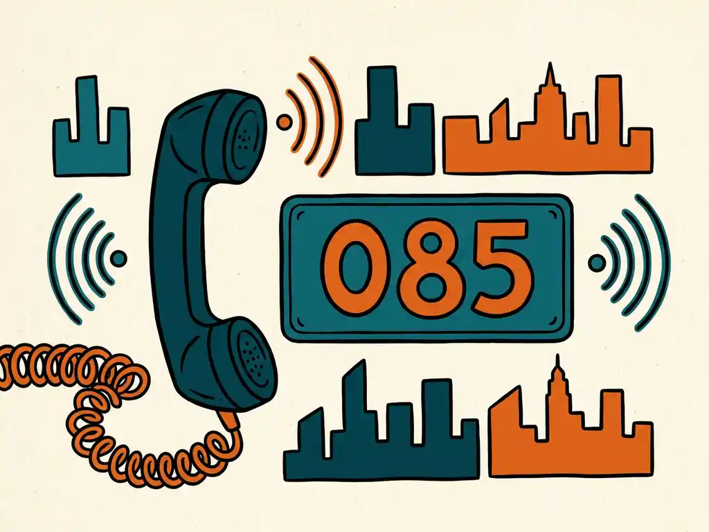 Vintage telefoonhoorn met krulsnoer naast een 085-nummerbord, omringd door stadsskylines en signaalgolven op een crèmekleurige achtergrond.