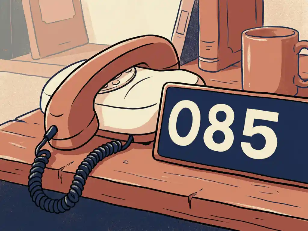 Vintage telefoonhoorn met gekruld snoer naast een 085-nummerbord op een houten bureau, illustratie in terracotta en marineblauw.
