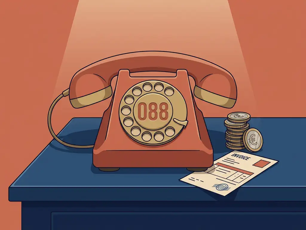 Vintage telefoonhoorn met 088-kiesschijf naast gestapelde euromunten en factuur op bureau.